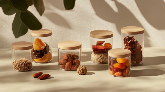 A collection of glass jars filled with various nuts, dried fruits, and grains, arranged on a light beige surface. - Powered by Adobe
