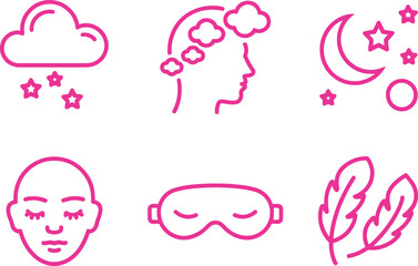 Sleeping Pink Icon Set with Cloud, Moon, Feathers and Mask on Transparent Background