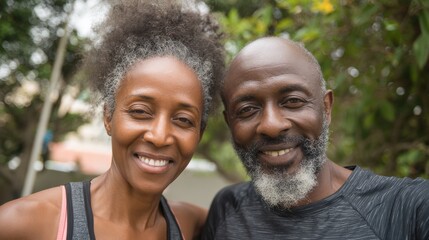 portrait of black sporty couple looking at camera at park with copy space happy mature man and smiling woman relaxing after jogging in the park african american man and woman resting after exercise n