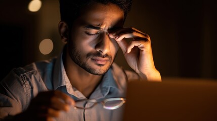overworked young indian businessman taking off glasses working late at night tired sleepy stressed student holding eyeglasses feeling lack of sleep having eyestrain problem using laptop computer no l