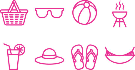Summer Vacation Outlines Basket, Glasses, Ball, Grill, Drink, Hat, Sandals, Hammock
