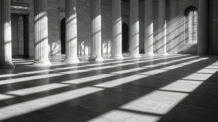 A black and white photo of a building with columns and a window.