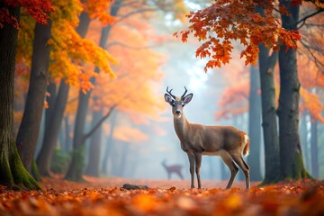 Deer standing in a forest during autumn with colorful leaves