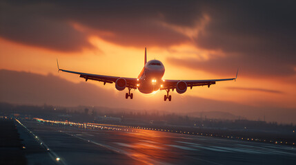 Fototapeta premium Dramatic Sunset Airplane Landing: Commercial Airliner Approach Runway Lights Golden Hour