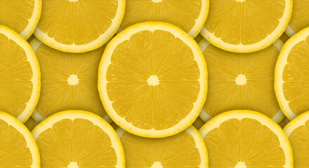 Lemon slices in overlapping circular pattern with vibrant yellow color. A close-up view of the fruit slices presents a seamless pattern.