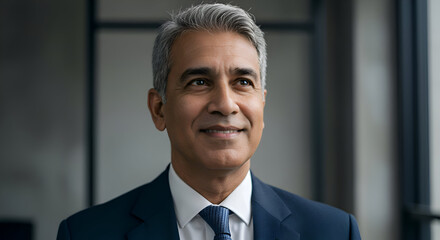 Middle-aged man in business attire looking upward in a modern office setting. Confident professional with a thoughtful expression in a corporate environment.