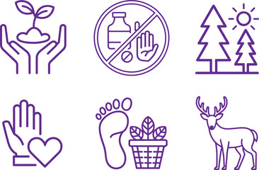Violet Icons Set Sprout in Hands, Drugs Restricted, Trees, Hand with Heart, Foot, Deer