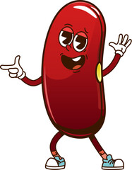 Cartoon funny groovy kidney bean character. Isolated vector red legume seed or nut retro personage with expressive eyes, wearing vintage sneakers, posing with gesturing with fingers exudes funky vibes
