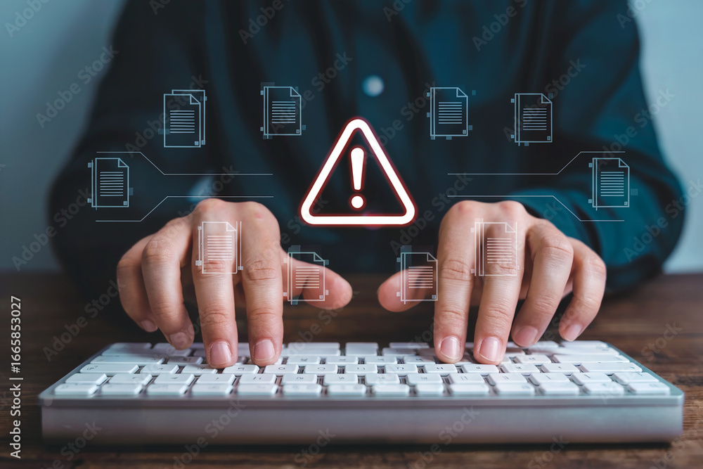 Poster person typing on keyboard with digital icons and warning symbol highlighting cybersecurity and data 