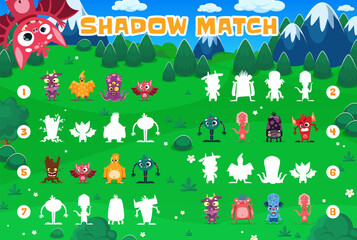 Shadow match game worksheet with funny monster characters. Cartoon vector kids puzzle, educational and entertainment riddle with funny creatures and their unique silhouettes on fantasy world landscape