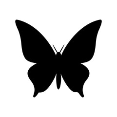 Simple Black Silhouette of a Butterfly. Monarch butterfly flat black color silhouette on a white background. Black butterfly wings insect nature design illustration vector graphic silhouette art.