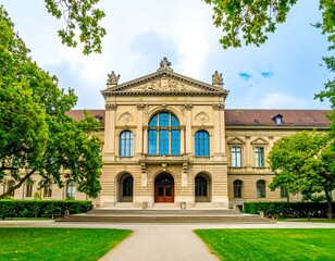 Elegant historical building with lush greenery