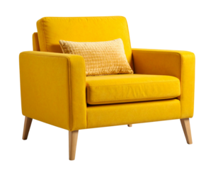Angled Side Perspective of Lounge Chair with Yellow Cushion, Isolated PNG