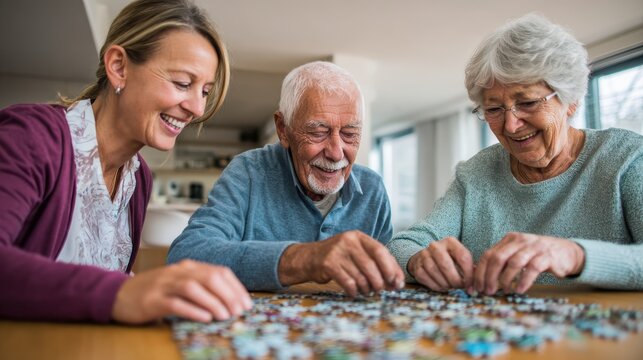 vertical shot of a smiling female home caregiver watches a senior couple assembling a jigsaw puzzle on the table no logos no brands ar 169