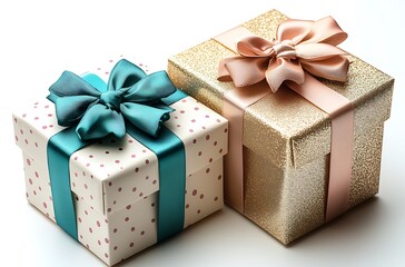 Obraz premium Two gift boxes one with teal ribbon and polka dots the other gold glitter with pink ribbon