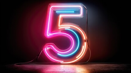 Glowing neon number five on dark background