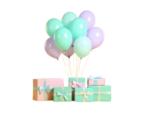 Front View of Pastel Gift Boxes with Matching Balloons on Bright Yellow Background