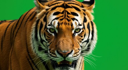 Fototapeta premium Majestic Tiger Portrait: Intense Gaze, Striking Stripes, Green Background.