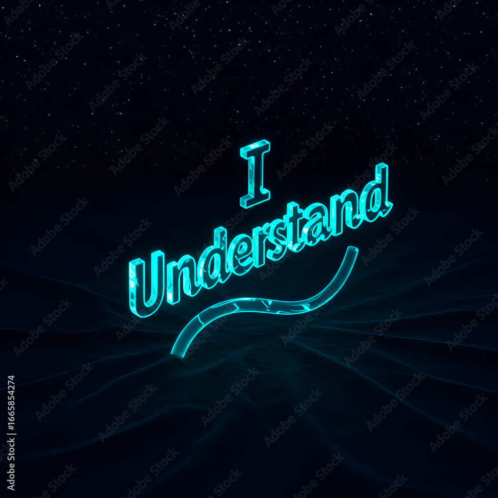 Poster neon turquoise i understand text graphic on dark background with rippling texture. modern and abstra