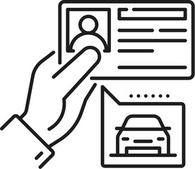 Driving school icon of driver license for vehicle drive training education, vector pictogram. Driving school line icon of driver licence permit in hand and car for vehicle drive test or training pass