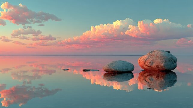 Serene sunset over calm water, reflecting pastel clouds and smooth stones - Powered by Adobe