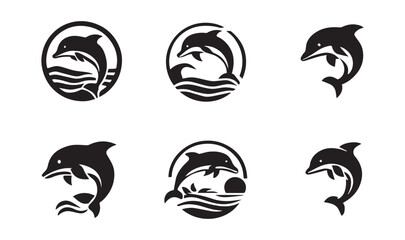 Six black silhouette dolphin logos with waves and circles black and white ocean © Ataullah Akram