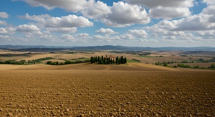 Tuscan countryside landscape with a villa and cypress trees. Expansive view of plowed fields and rolling hills under a partly cloudy sky.