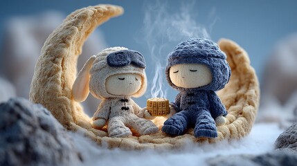 Two fluffy cartoon rabbits, one white and one blue, holding moon cakes