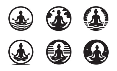Six black silhouette yoga meditation icons in circles vector