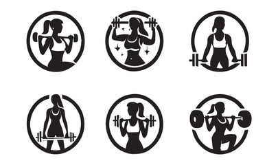 Six black silhouette icons of women exercising with weights fitness woman