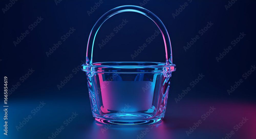Poster transparent bucket with neon lighting in a studio setting. empty glass bucket with handle, showcasin