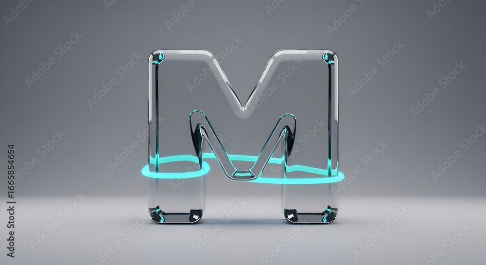 Poster transparent letter m with teal glowing lines in a minimalist setting. modern font design with light 
