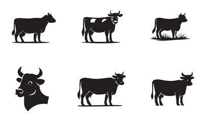 Six black silhouette cows and cow head illustrations on white background cattle bovine