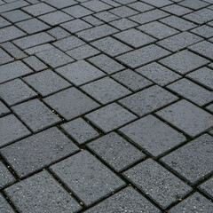 Grey paving stones arranged in a grid pattern. Close-up view of the textured surface of the pavement.