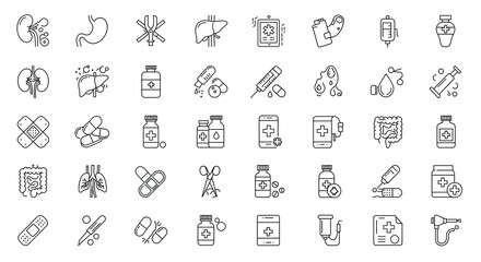  Human organs treatment pills first aid medical instruments and more. Outline icon 