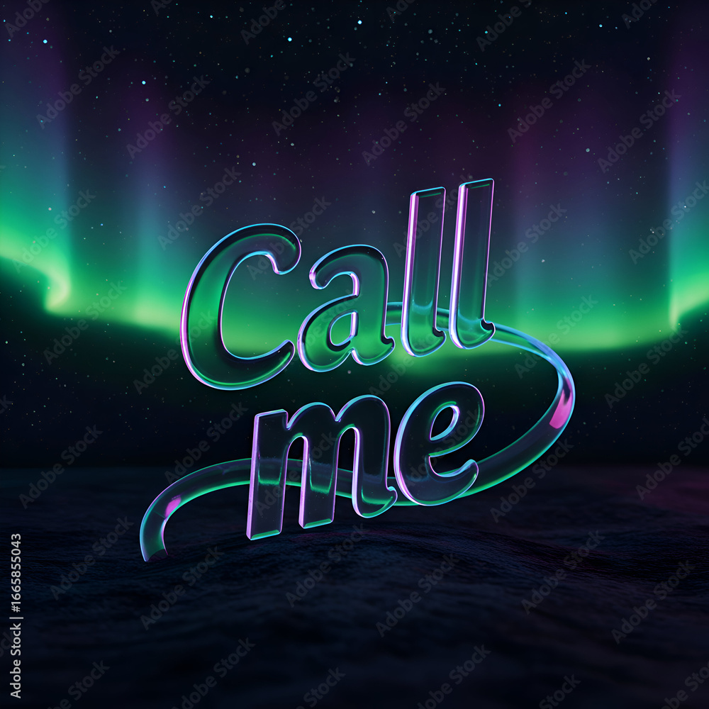 Poster 3d rendered text call me with vibrant neon colors against a backdrop of aurora borealis. a modern, f