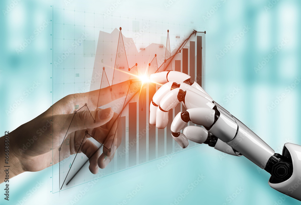 Poster human and robot touching finger while analyzing data trends with graphs and charts in modern digital