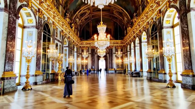 The Hall of Mirrors, Versailles Palace, France with Ornate Decorations and Chandeliers