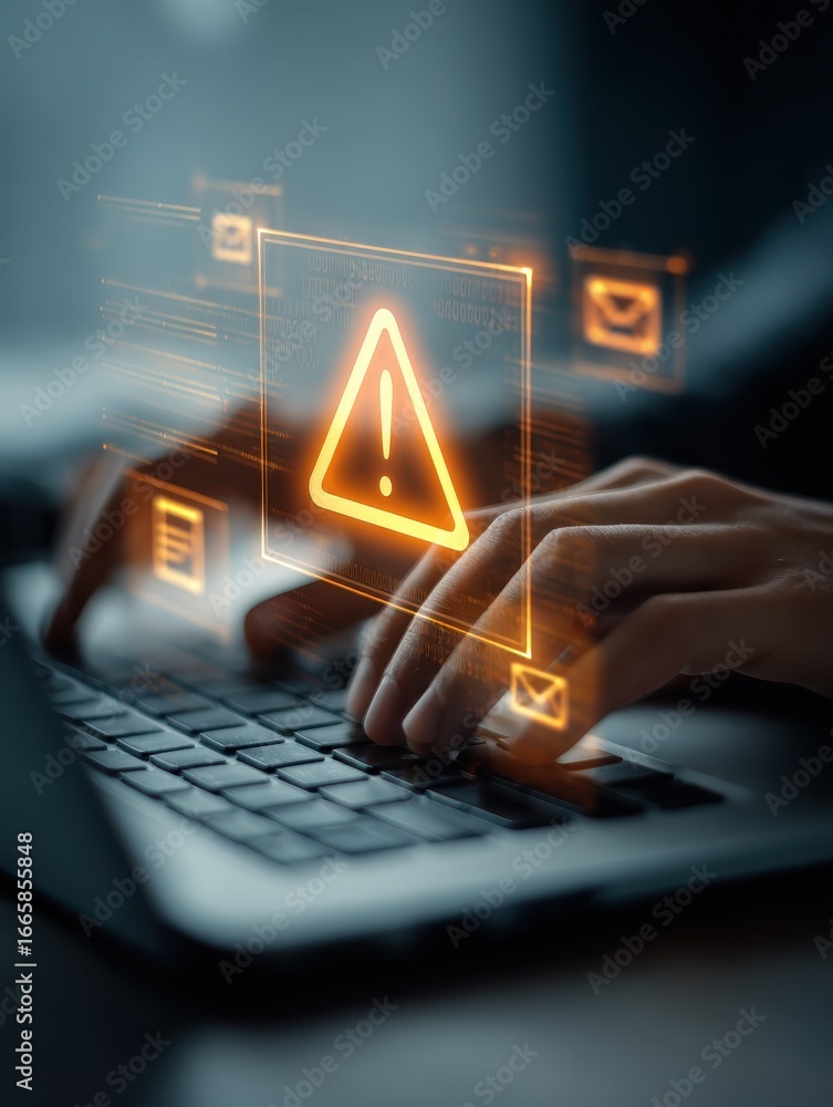 Poster person working on a laptop with a digital warning interface showing alerts email and danger symbols 