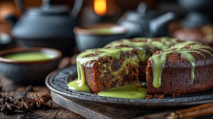 Matcha Cake Drizzled with Green Tea Sauce