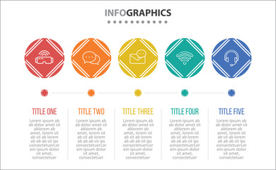 Vector Infographic design with icons. process diagram, flow chart, info graph, Infographics for business concept, presentations banner, workflow layout. 5 options or 5 steps. Horizontal Steps