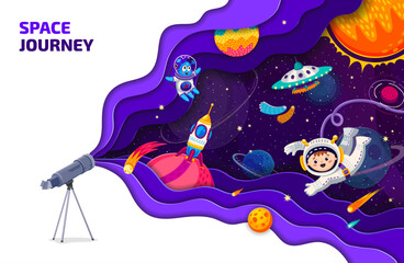 Paper cut galaxy space landscape with ufo, alien planets and astronauts. Vector cosmic papercut scene showing a telescope projecting an imaginative space journey with child cosmonaut, comets, rocket
