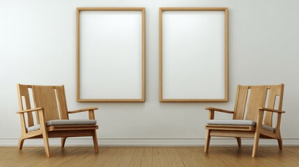 Minimalist Art Gallery Interior with Wooden Chairs and Empty Frames