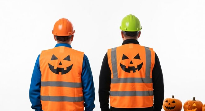 Workers wear safety vests with jack-o'-lantern designs for Halloween