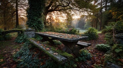 Stone Picnic Table in Autumn Park Sunrise