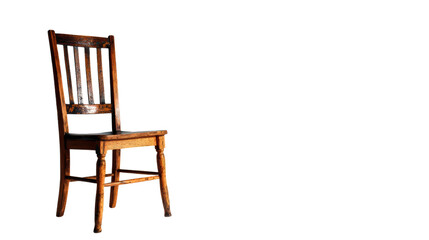 Fototapeta premium A classic wooden chair with a rustic design, perfect for cozy interiors, isolated against a white background.