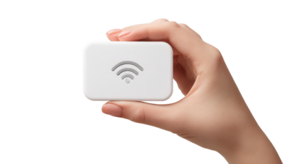 A hand holding a modern wireless device with signal icon, white isolated background.