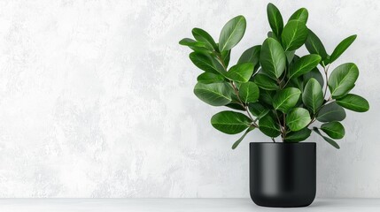 A potted plant with large green leaves sits on a white shelf against a white wall.