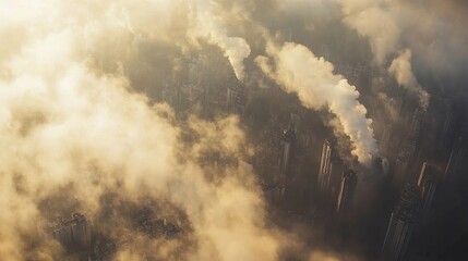 Obraz premium Aerial view of a city shrouded in hazy clouds and smoke