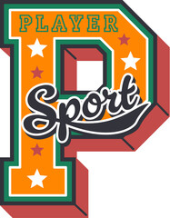 Varsity sport patch and players team label or college league badge, vector emblem. Varsity patch of letter P with stars for college or university soccer football, basketball and baseball sport club